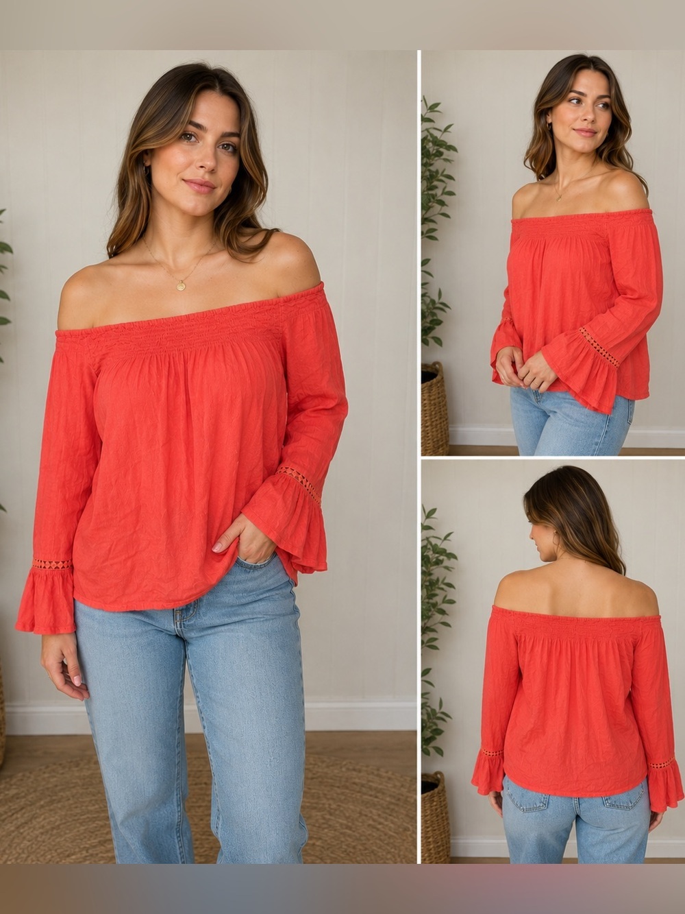 Westport Coral Off Shoulder Peasant Blouse 2X Boho Cottagecore Bell Sleeve Plus
